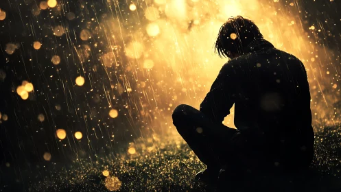 Silhouetted person seated in rain against strong backlight.