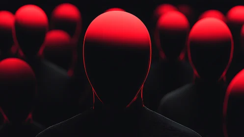 Red faceless silhouettes in dark abstract crowd scene.