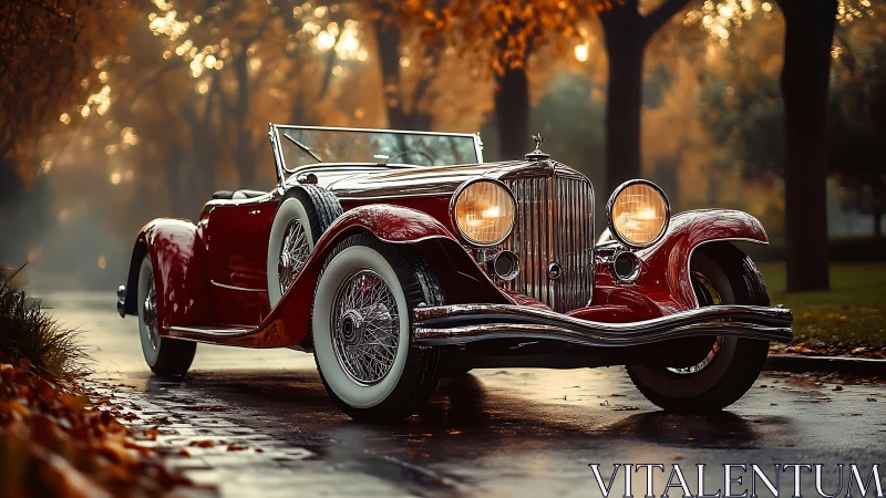 Vintage red roadster glowing on a misty autumn lane.