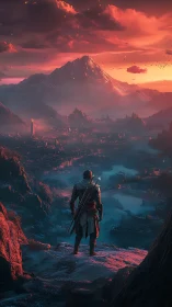Lone adventurer gazing over a glowing fantasy kingdom.