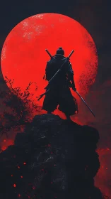 Digital painting of lone samurai silhouette before blood moon.
