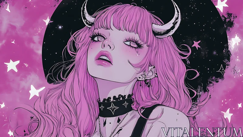 Pink demon girl portrait with crescent horns, choker, star halo