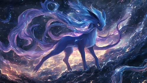 Celestial fox creature strides through glowing cosmic storm