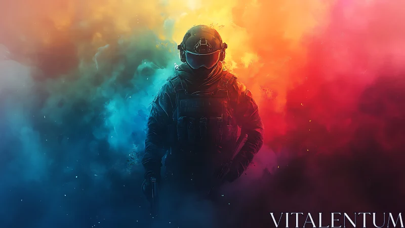 Color-swept tactical soldier strides through glowing battle haze