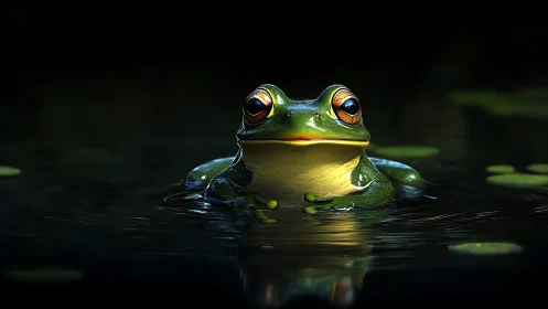 Emerald tree frog rests in dark pond, cinematic lighting.