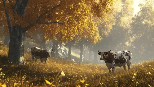 Digital pastoral cattle under luminous autumn canopy.