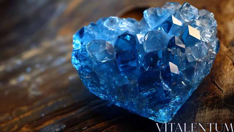 Faceted Blue Topaz Crystal Specimen on Wooden Surface.