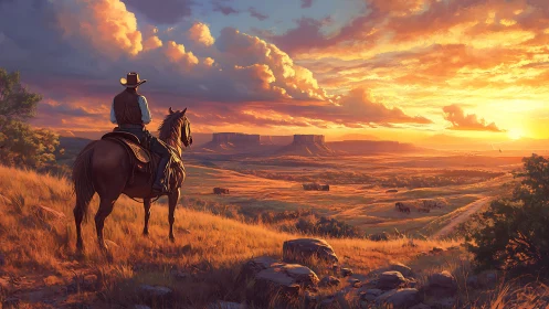 Solitary cowboy surveys sunlit mesas in cinematic sunset light