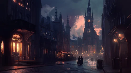 Victorian neo-gothic clocktower at dusk with lamplit wet street