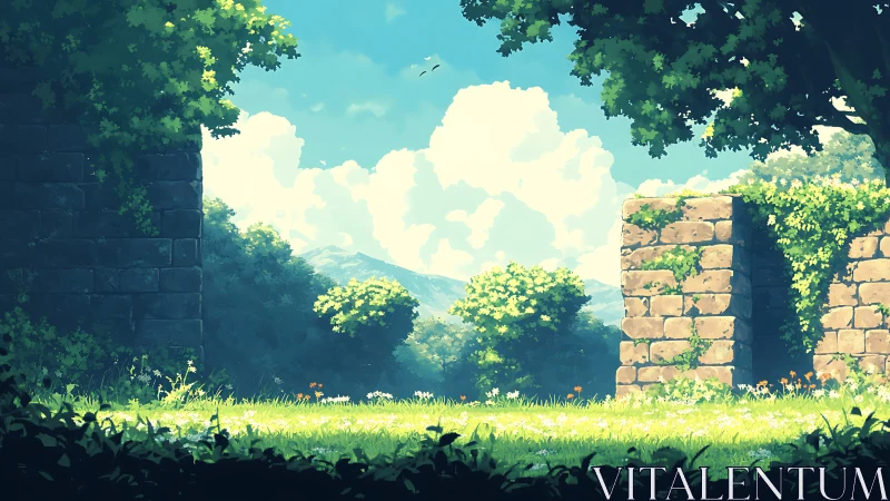 Abandoned Ruins Reclaimed by Nature in Sunlit Valley