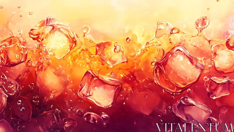 Ice cubes suspended in vivid orange liquid with bubbles
