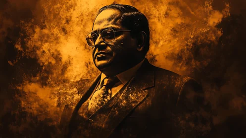 Stoic suited man rendered in dramatic amber smoke light