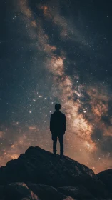 Lone stargazer stands on rocky peak beneath glowing Milky Way