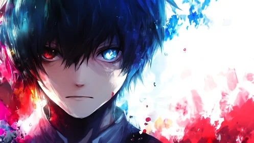 Intense anime boy portrait with split red and blue energy.