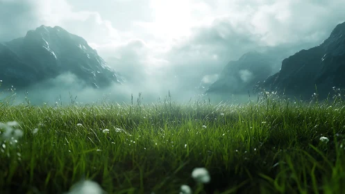 Morning meadow breathes quietly beneath sleeping mountains