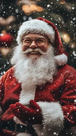 Joyful Santa in softly falling Christmas snow.