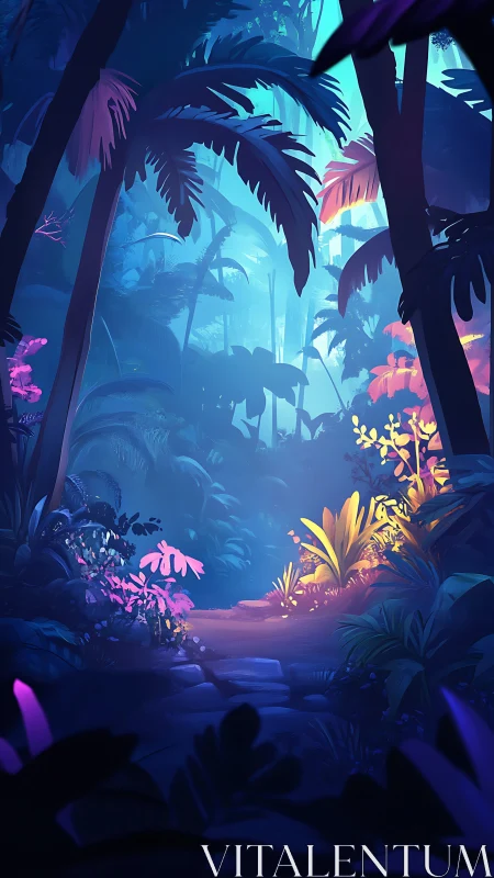 Neon Jungle Path Through Bioluminescent Forest.