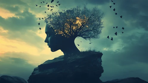 Mindtree at dusk where thoughts take wing as dark birds.