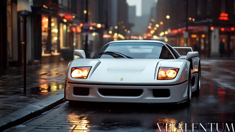 Neon rain idol: white supercar prowls the midnight avenue.