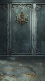 Ornate brass wall sconce glows in distressed grey salon.