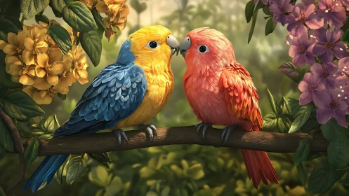 Two Colorful Parrots on a Branch in a Lush Digital Painting.