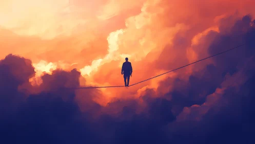 Gentle dreamer walks a tightrope through glowing clouds