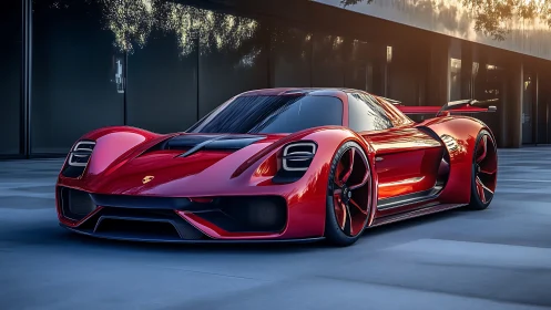Crimson supercar concept beside glass-fronted showroom.