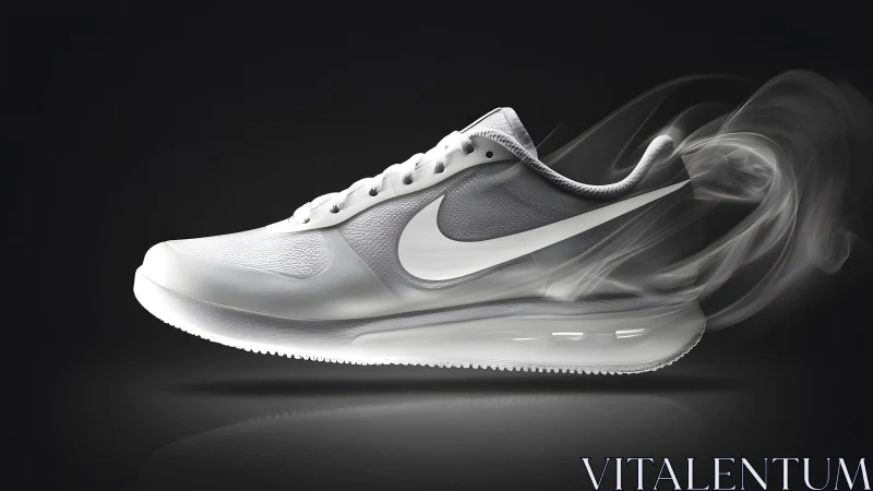Sleek white athletic sneaker in dynamic motion with smoky effect.