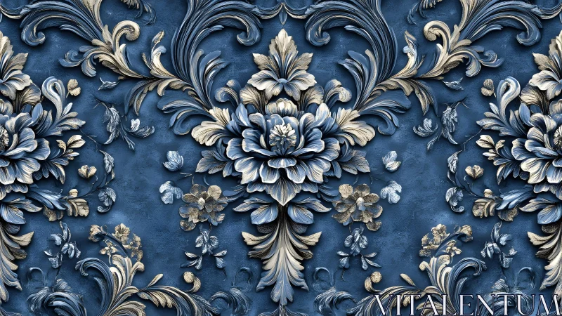 Ornate blue and gold baroque floral wallpaper with intricate texture.