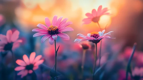 Pink daisies with shallow depth of field and warm golden hour bokeh.