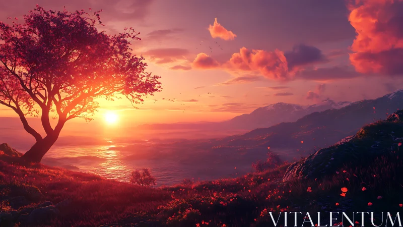 Sunlit tree overlooks glowing valley under vivid sunset sky