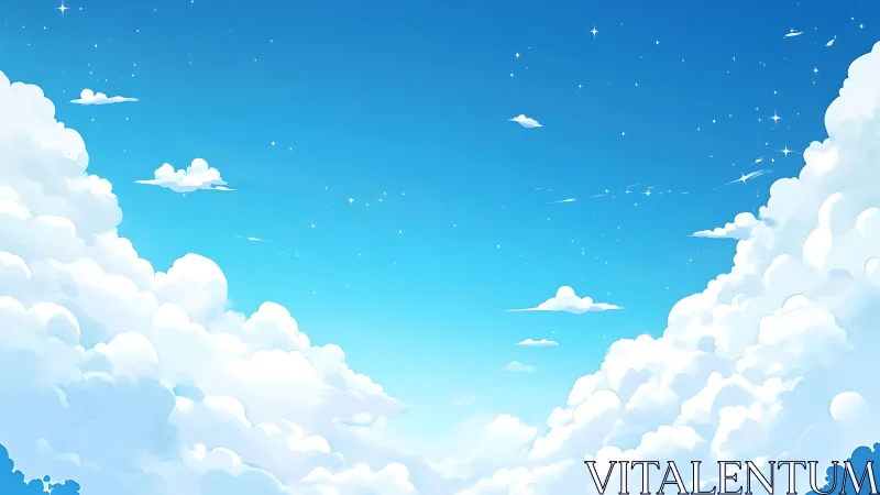 Digital sky illustration with layered cumulus cloud architecture.