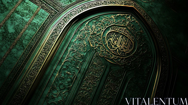 3D emerald arch with ornate gold Islamic calligraphy relief.