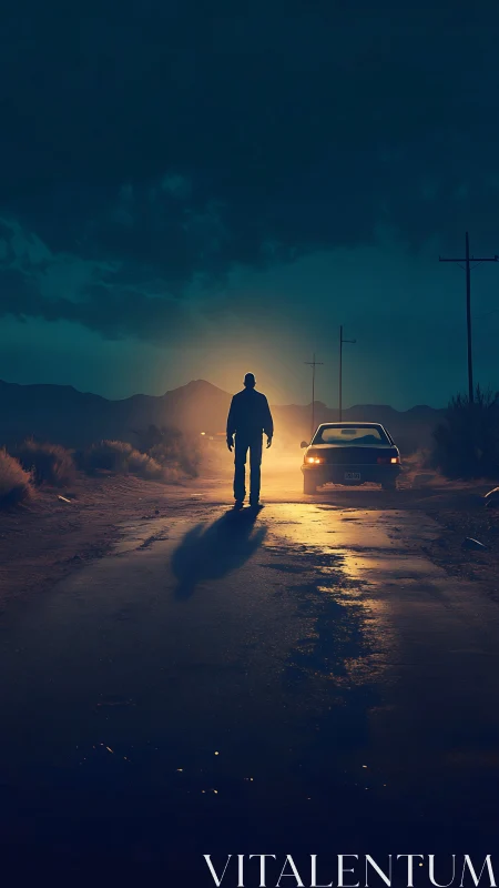 Midnight desert drifter halts in headlight-soaked silence.