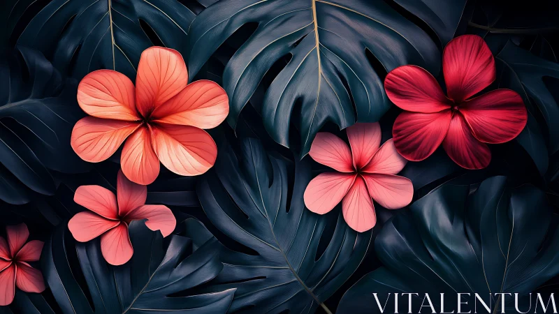 Coral Flowers Against Deep Teal Foliage. Digital Rendering.