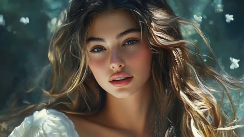 Ethereal portrait of freckled woman in luminous forest light.