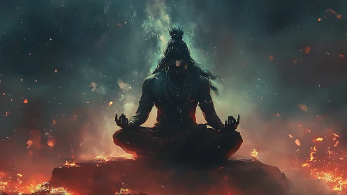 Firelit ascetic meditates amid storm-born cosmic embers.