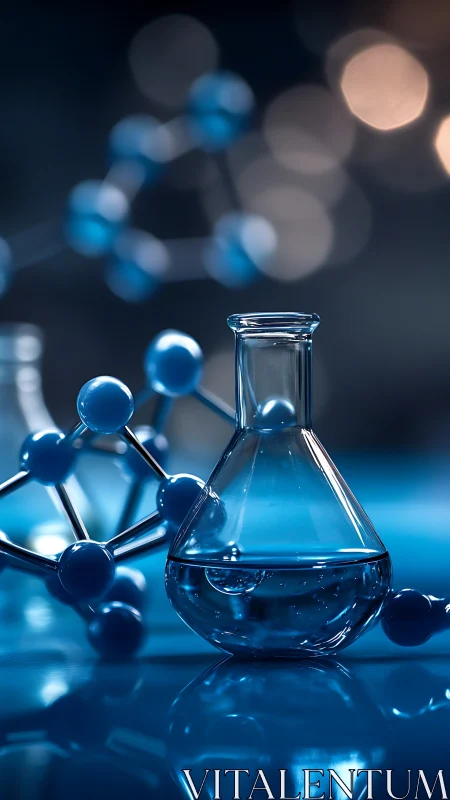 Laboratory flask with molecular model under cool blue bokeh.