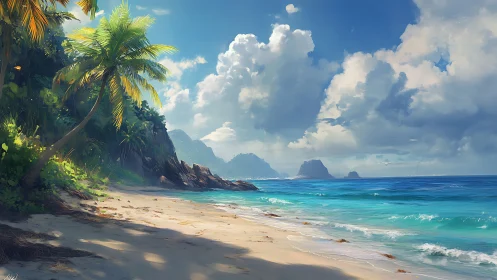 Tropical coastal landscape with sandy beach and distant mountain formations.