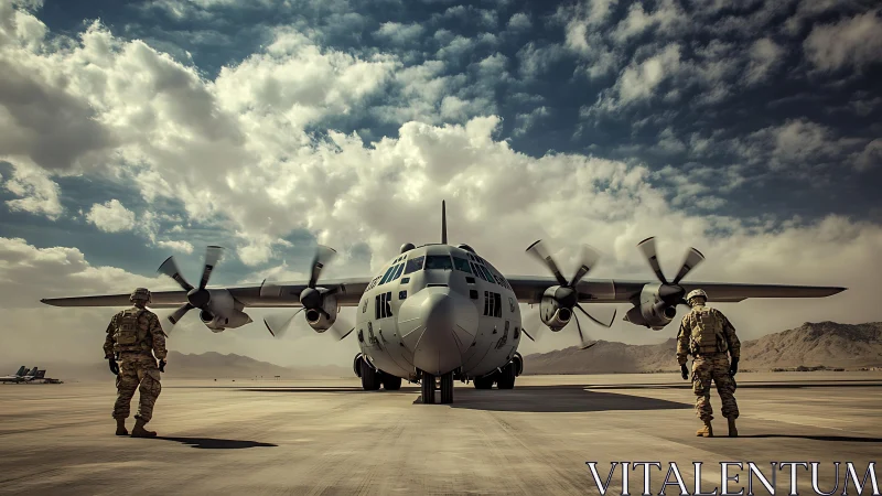 Photorealistic military transport aircraft on desert runway frontview.