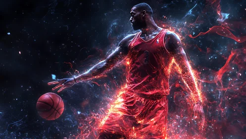 Electrified basketball player dribbling through cosmic plasma field