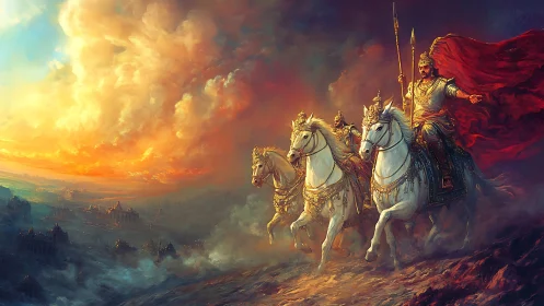 Stormrider king leading celestial war-steeds at dawn.