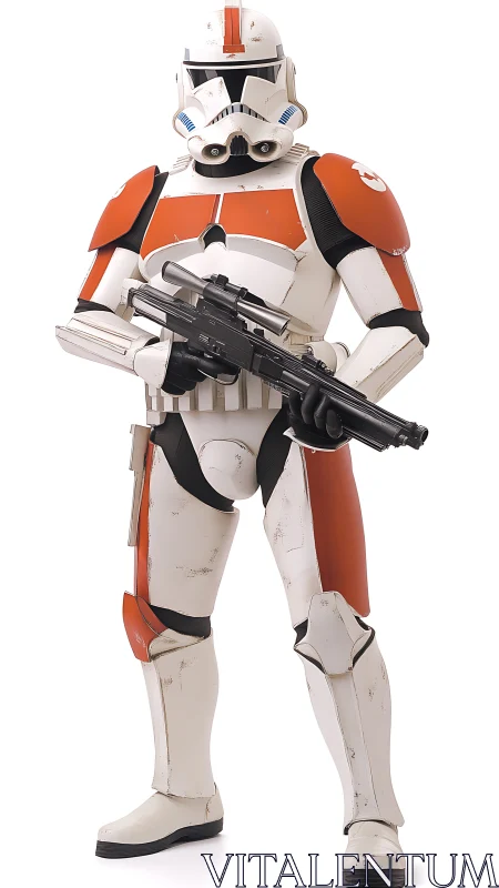 Orange-armored galactic trooper stands ready with polished blaster.