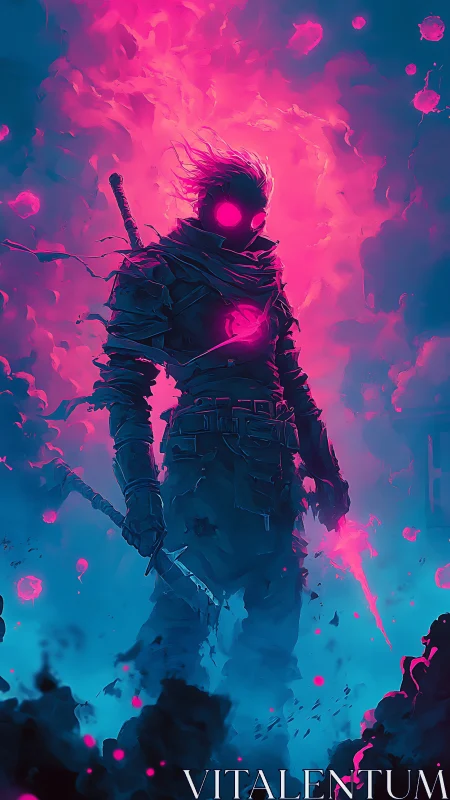 Neon-lit cyber assassin emerges from vaporous chromatic storm