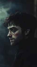 Moody portrait of a thoughtful man in round glasses.