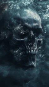 Volumetric smoke skull rendered in moody cyan chiaroscuro.
