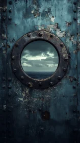 Rusted ship porthole frames turbulent seascape horizon