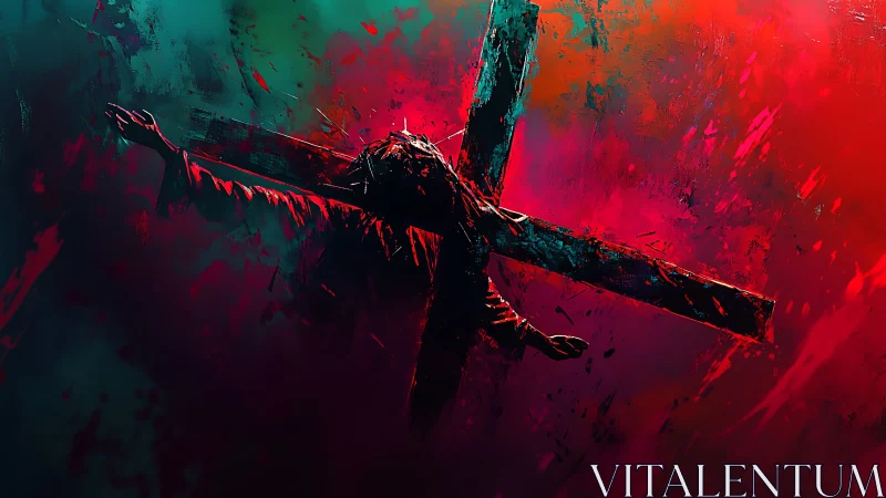 Cruciform silhouette burns through stormy teal and crimson night