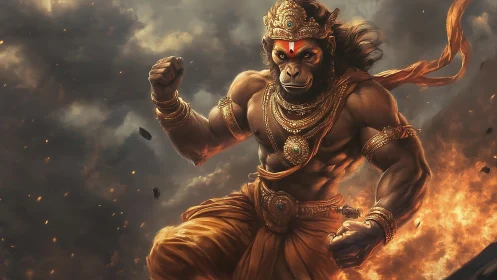 Simian warrior deity stands amid fire and storm clouds