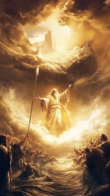 Radiant robed figure parts stormy sea under golden sky.